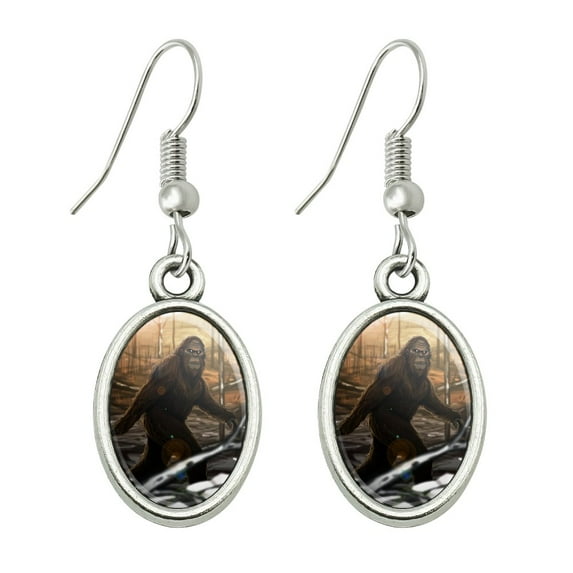 Bigfoot Sasquatch Walking in the Woods Novelty Dangling Drop Oval Charm Earrings