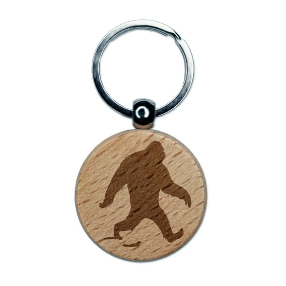 Bigfoot Sasquatch Walking with Footprint Trail Round Keychain Charm Tag - Engraved Wood