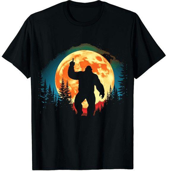 Bigfoot Sasquatch with Middle Finger and Full Moon Graphic Black T-Shirt for Men and Women