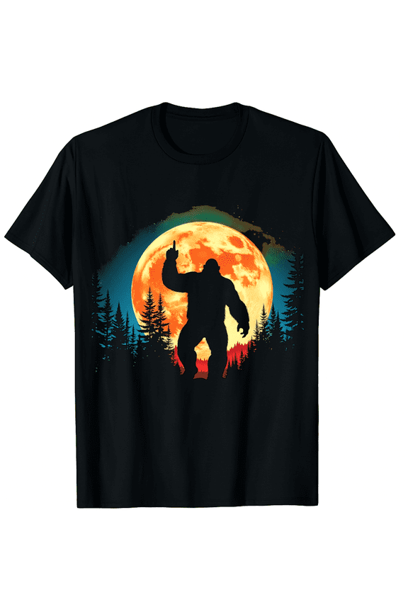 Bigfoot Sasquatch with Middle Finger and Full Moon Graphic Black T-Shirt for Men and Women