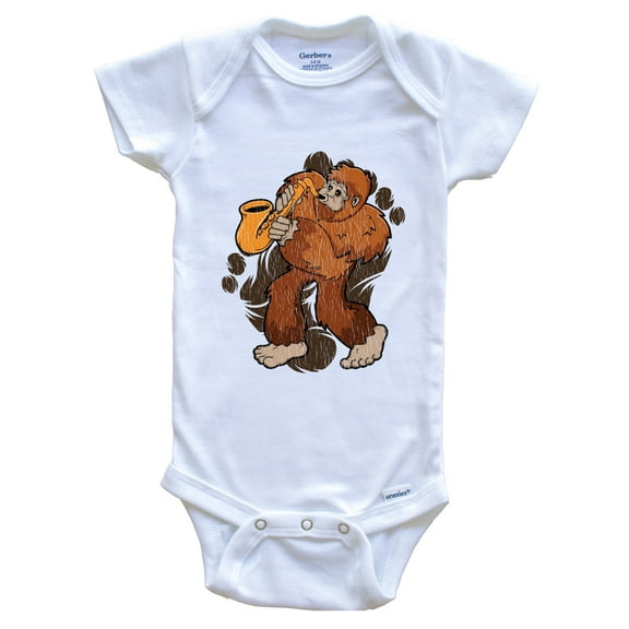 Bigfoot Saxophone Baby Bodysuit - Sasquatch Playing Sax Baby Bodysuit, 6-9 months white