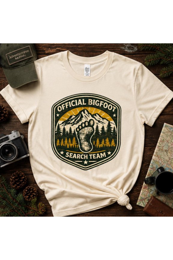 Bigfoot Search Team T-Shirt, Retro Sasquatch Badge Cotton Tee, Wilderness Explorer Gift