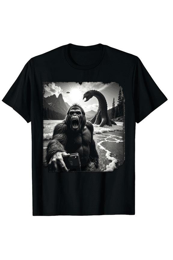 Bigfoot Selfie with Loch Ness Monster and UFO Aliens Graphic Black T-Shirt for Men and Women