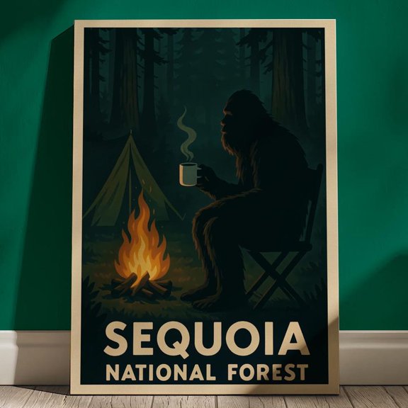 Bigfoot Sequoia National Forest Retro Cryptid Botanical Poster