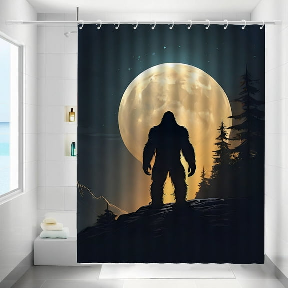 Bigfoot Shower Curtains Moutain Waterproof Bathroom Curtains with Hooks, Unique Moonlight Bigfoot Themed Bathroom Decor