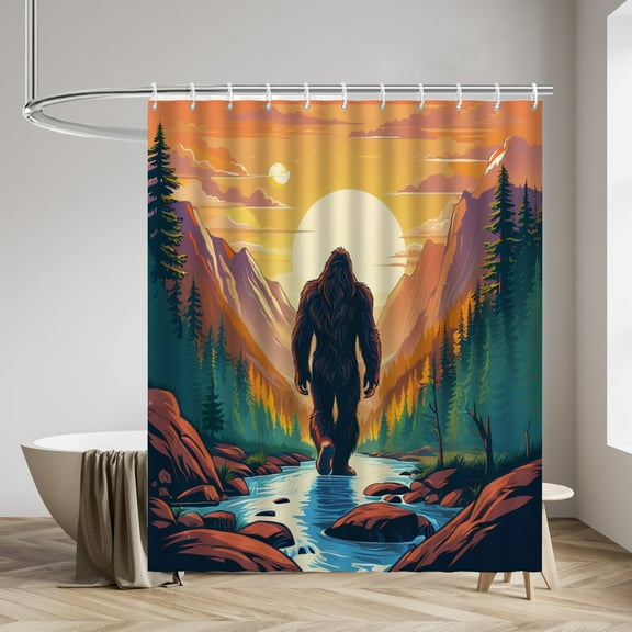Bigfoot Shower Curtains Sunset Bigfoot Waterproof Bathroom Curtains with Hooks Unique Sunset Mountain Forest Bigfoot Themed Bathroom Decor