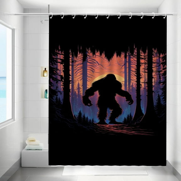 Bigfoot Shower Curtains Sunset Waterproof Bathroom Curtains with Hooks, Unique Sunset Forest Bigfoot Running Themed Bathroom Decor