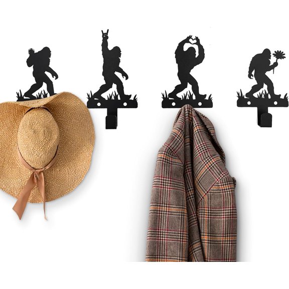 Bigfoot Silhouette Hooks Set of 4 Unique Designs, Perfect Bigfoot Gifts and Decor, Durable Waterproof Coat Hooks for Living Room and Courtyard
