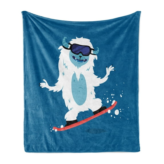 Bigfoot Soft Flannel Fleece Blanket, Yeti Monster Illustration While Snowboarding in Winter Theme Fantasy Monster Print, Cozy Plush for Indoor and Outdoor Use, 70" x 90", Multicolor, by Ambesonne