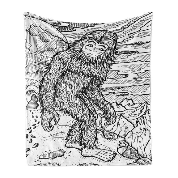Bigfoot Soft Flannel Fleece Throw Blanket, Mythical Creature Snowman on the Hills Leaving Footprints Behind Him, Cozy Plush for Indoor and Outdoor Use, 60" x 80", Black and White, by Ambesonne