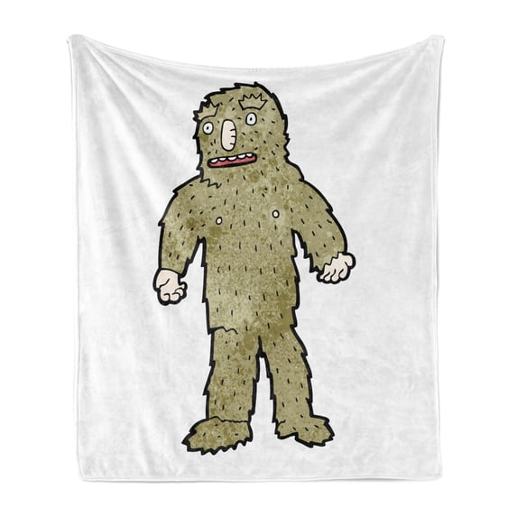 Bigfoot Soft Flannel Fleece Throw Blanket, Quirky Bigfoot with Grungy Colored Fur Hand-Drawn Retro Cartoon Concept, Cozy Plush for Indoor and Outdoor Use, 70" x 90", Khaki and Black, by Ambesonne