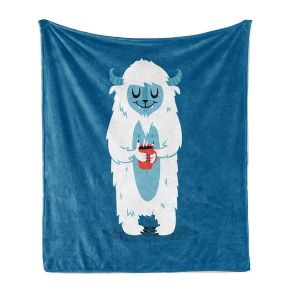 Bigfoot Soft Flannel Fleece Throw Blanket, Yeti Monster Holding a Cup of Coffee in Cold Winter Graphic Image, Cozy Plush for Indoor and Outdoor Use, 50" x 60", Cobalt Blue Baby Blue, by Ambesonne