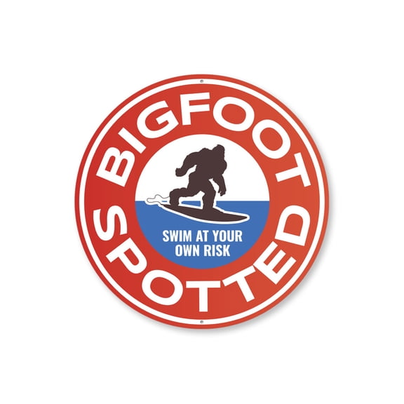Bigfoot Spotted Swim At Your Own Risk Surf Aluminum Metal Decor Sign - 12" Round