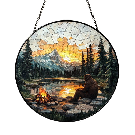 Bigfoot Stained Glass Round Suncatcher – Mountain Sunset Window Panel with Campfire Scene, Rustic Forest Sasquatch Home Decor Gift
