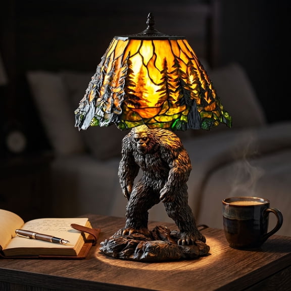 Bigfoot Stained Glass Table Light Bigfoot Table Lamp with Rustic Resin Statue Base Handmade Forest Sunset Stained Glass Shade Dimmable Accent Light for Hunting Lodge Outdoor