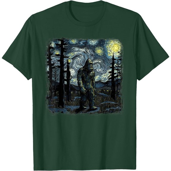 Bigfoot Starry Night Sasquatch Van Gogh Sky Painting Art Unisex T-Shirt for Men Women Kids Toddler,Forest Green Color,Size M