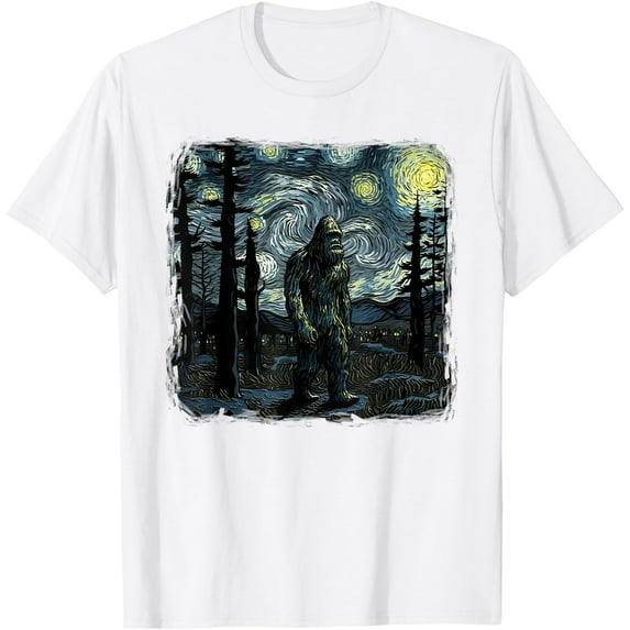 Bigfoot Starry Night Sasquatch Van Gogh Sky Painting Art Unisex T-Shirt for Men Women Kids Toddler,White Color,Size 3T