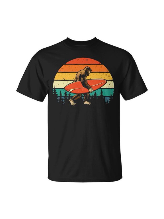 Bigfoot Surfer Retro Surfboard Graphic Tee Unisex Adult Cotton Beach Surfing Design T-Shirt for Outdoor Casual Wear, Size S, Color Black