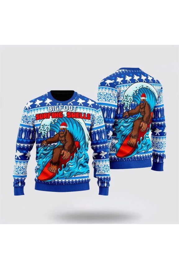 Bigfoot Surfing Swells Ugly Christmas Sweater Men & Women – Gifts For Bigfoot Lovers