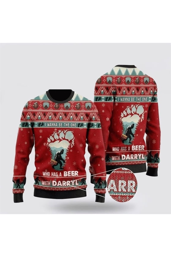 Bigfoot Sweater, Who Has A Beer Whit Darryl Ugly Christmas Sweater, Best Gift For Christmas, Bigfoot Crewneck Sweater, Christmas Winter Fashion