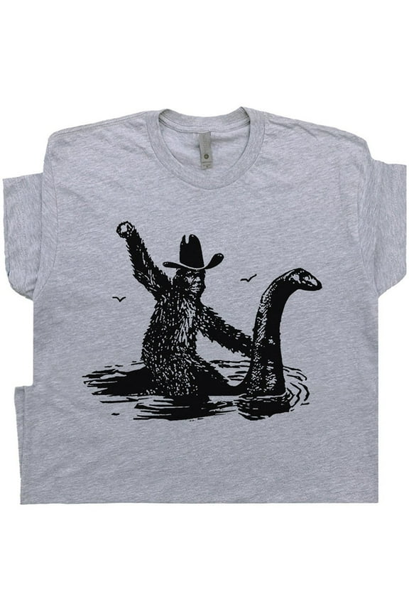 Bigfoot T Shirt Sasquatch Riding Loch Ness Monster Funny Shirts For Men Women Cool Graphic Tee Weird Cryptozoology