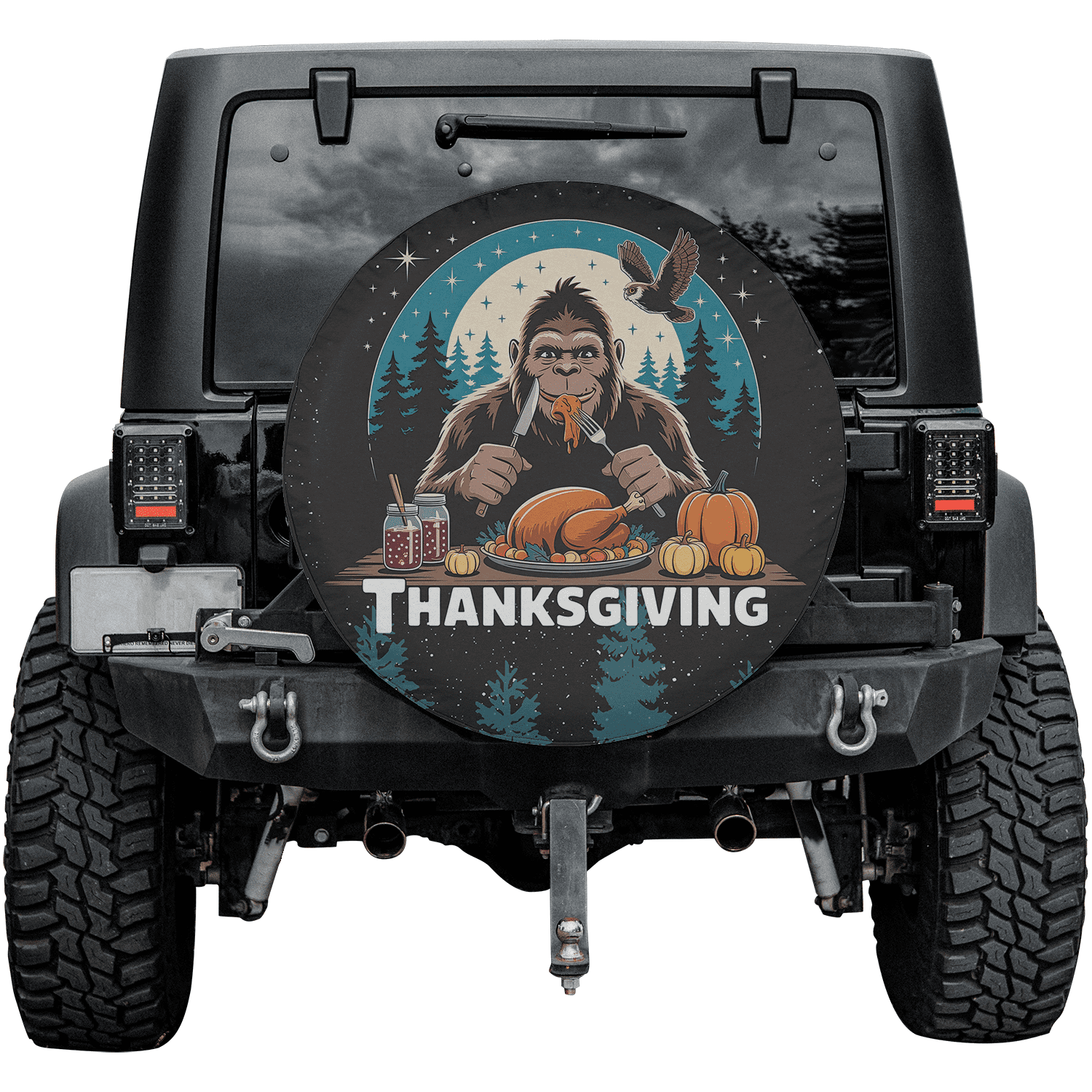 Bigfoot Thanksgiving Spare Tire Cover – Holiday Turkey Dinner Design ...