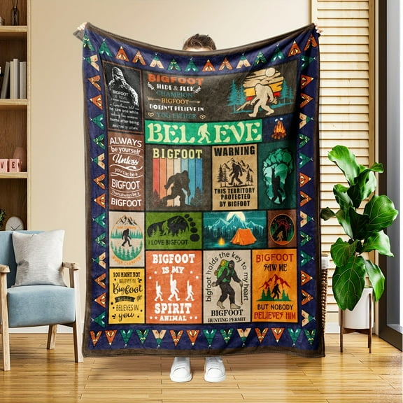 [Bigfoot Throw Blanket] Vintage Bigfoot & Sasquatch Themed Flannel Throw Blanket - Cozy, Warm, All-Season Gift for Men & Women, Ideal for Cryptid Enthusiasts, Perfect for Camping & Outdoor Advent