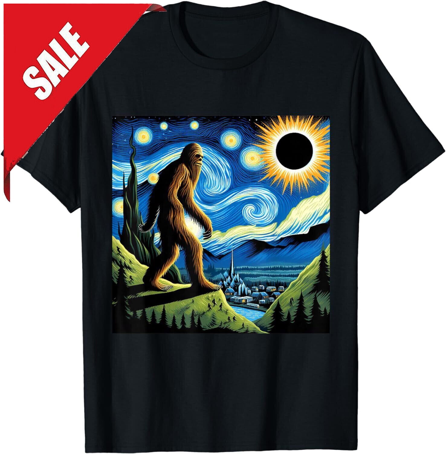 Bigfoot Total Solar Eclipse 2024 Van Gogh Starry Night Unisex TShirt