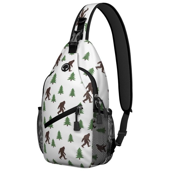 Bigfoot and Tree White Pattern Sling Backpack, Unisex Cycling Crossbody Bag with Side Mesh Pockets, Breathable Padded Back Gift Ideas for Hiking Cycling Walking