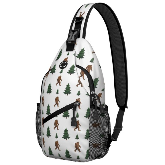 Bigfoot and Tree White Pattern Sling Backpack, Unisex Daily Travel Sling Pack with Side Mesh Pockets, Breathable Padded Back Gift Ideas for Hiking Cycling Walking