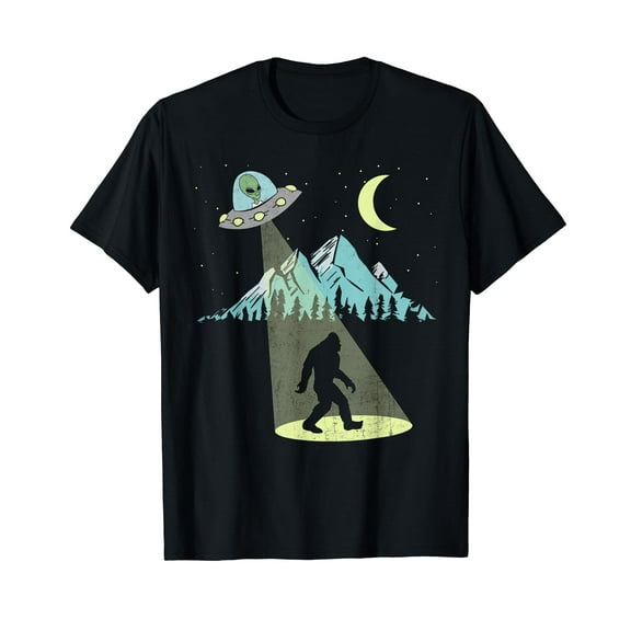 Bigfoot UFO Abduction Moon & Mountain Alien Vintage Graphic T-Shirt