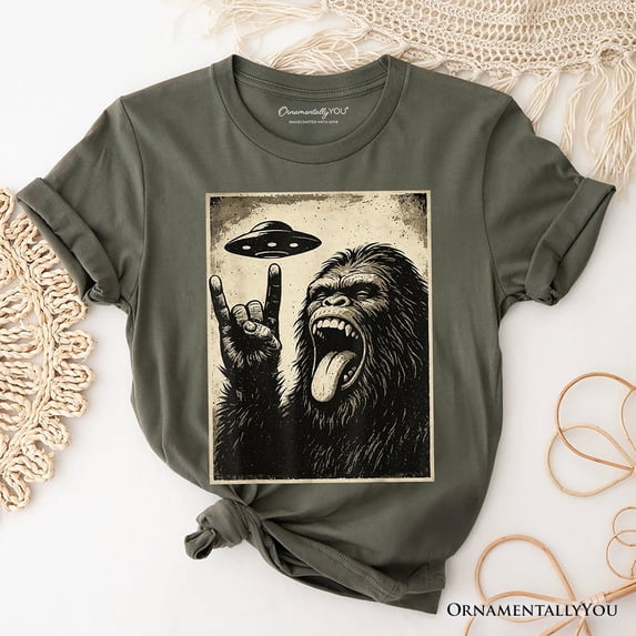 Bigfoot UFO Funny T-Shirt, Rock and Roll Sasquatch Meme Tee