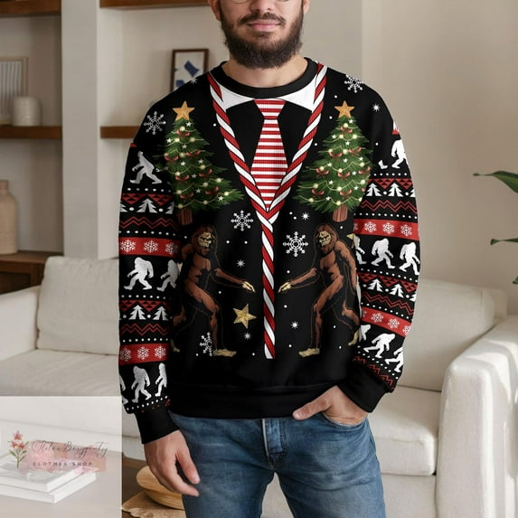Bigfoot Ugly Christmas Sweater, Christmas Tree Ugly Sweater for Men & Women Perfect Gift for Christmas, Family, Friends, Xmas Ugly Sweater