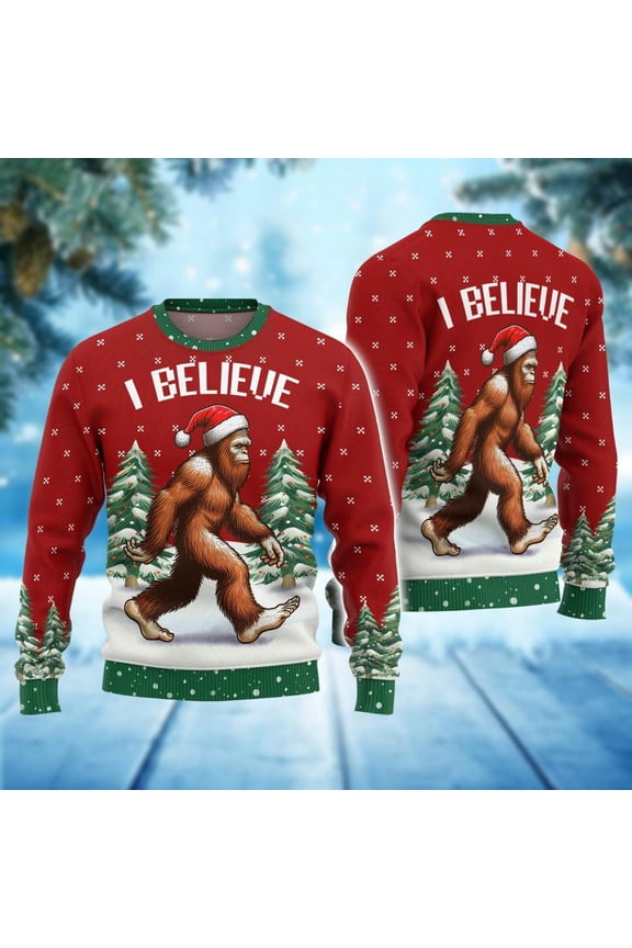 Bigfoot Ugly Christmas Sweater, Sasquatch Funny Xmas Sweater, Bigfoot I Believe Holiday Sweater, Monster Ugly Sweater, Christmas Sweatshirt