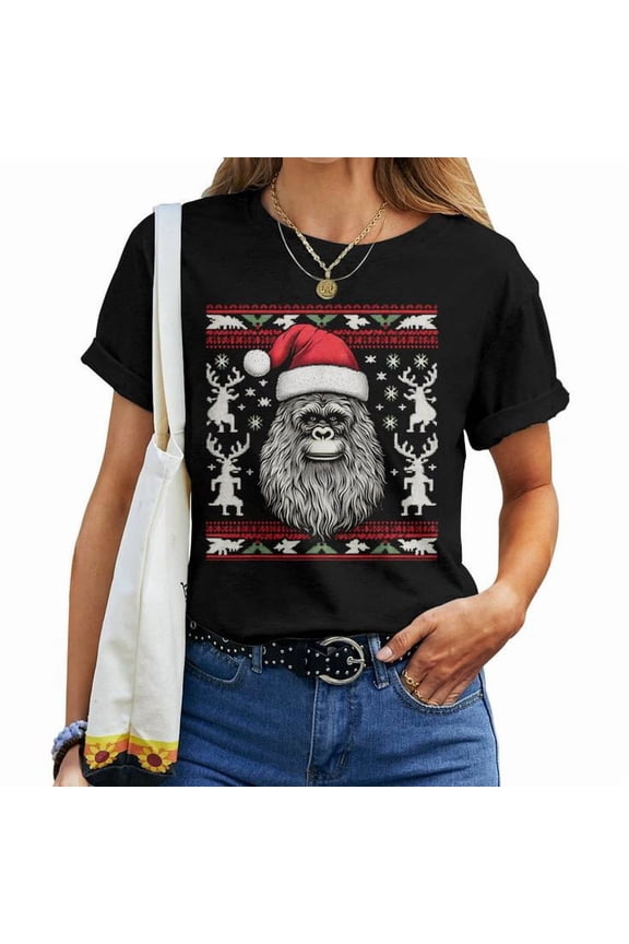 Bigfoot Ugly Christmas Sweater Style Graphic Tee Unisex Adult Cotton Holiday Pajama Outfit for Winter Parties, Size 2XL, Color Black