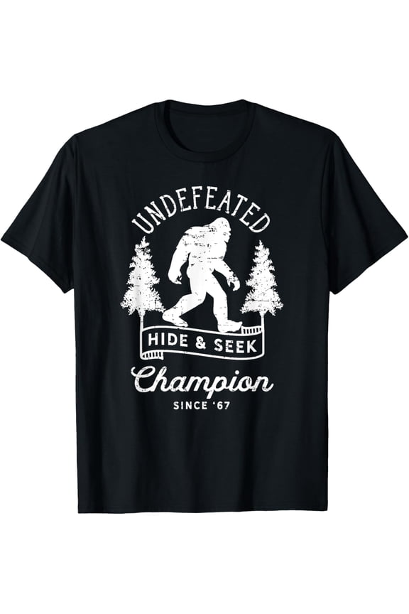 Bigfoot Undefeated Hide and Seek Champion Distressed T-Shirt T-ShirtMen and women, Black T-shirt, size: Extra large