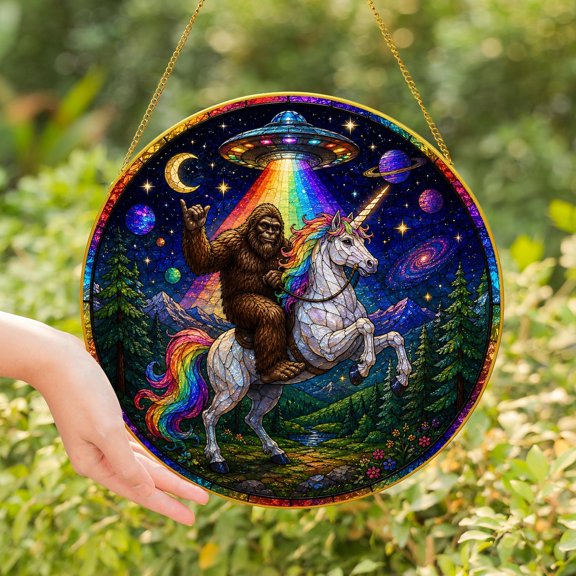 Bigfoot Unicorn UFO Abduction Stained Glass Window Suncatcher, Funny Alien Fantasy Hanging Decor, Meme Gift, Quirky Home Art - Golden Frame