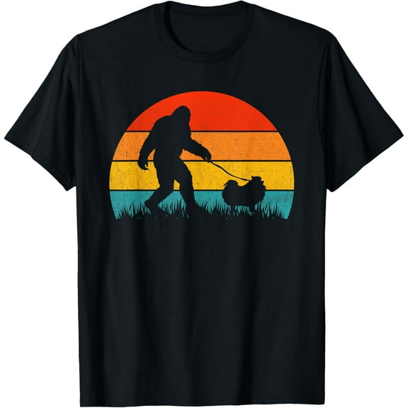 Bigfoot Walking Retro Sunset Off Sasquatch Pomeranian Dog Men Women Girls Kids T-Shirt