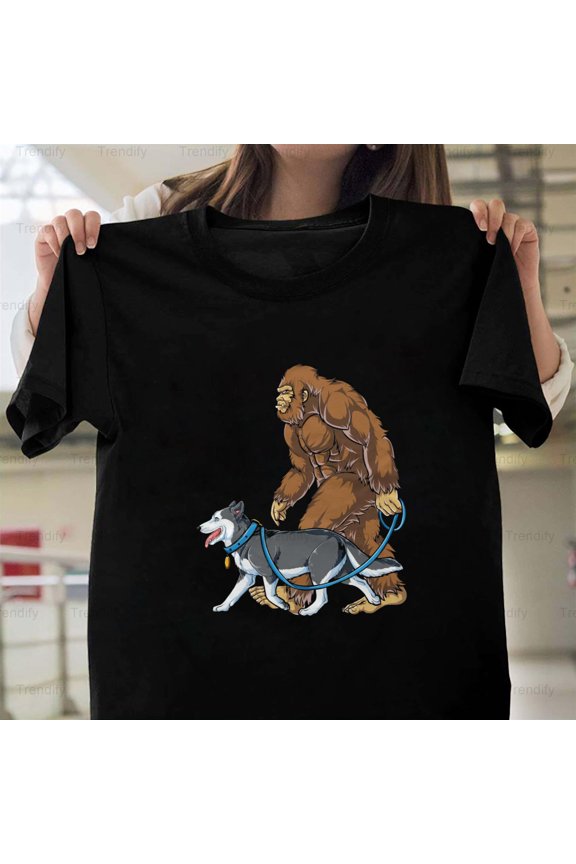 Bigfoot Walking Siberian Husky Funny Sasquatch Dog Parody Unisex T-Shirt, up to size 5XL
