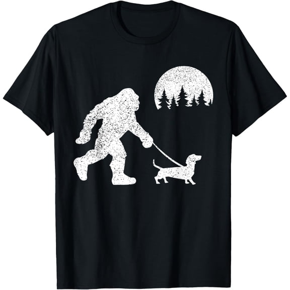 Bigfoot Walking Wiener Dog Funny Sasquatch Dachshund Lover T-ShirtMen's and women's gift, black and white T-shirt, size: Extra large S-4XL