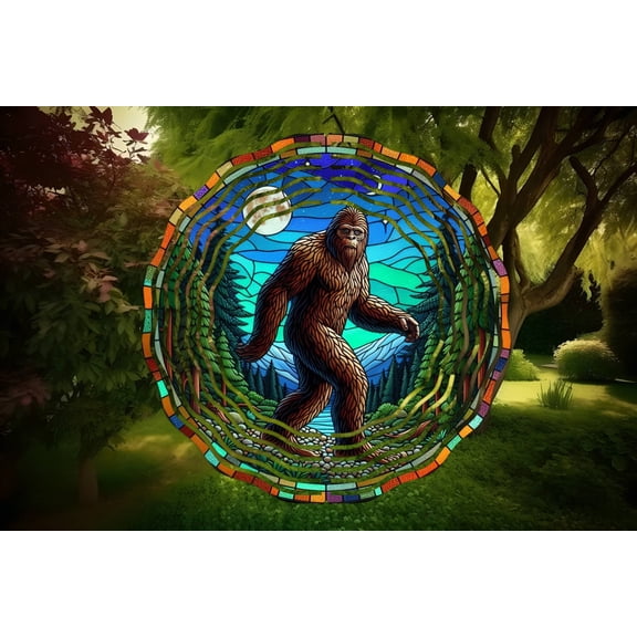 Bigfoot Walking in the Moonlight Metal Wind Spinner Sasquatch Garden Decor, Night Sky Yard Art