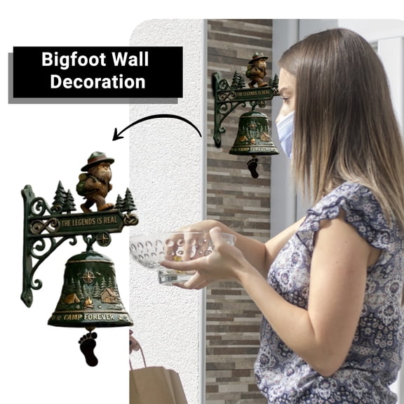 Bigfoot Wall Mounted Bell Resin Decor 5.9in, Sasquatch Camp Hanging Ornament with Rustic Forest Cabin Design for Outdoor Porch Garden Home Decor (Green)