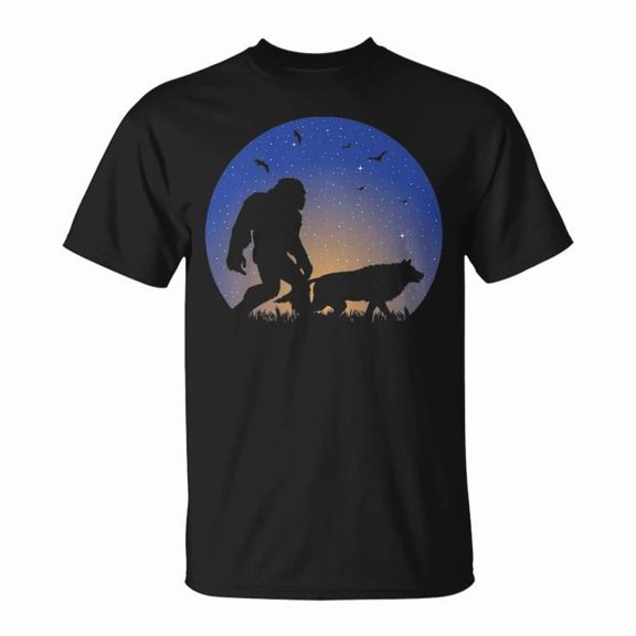 Bigfoot with Wolf Companion Silhouette Nighttime Stars Graphic Tee – Mystical Cotton Unisex Adult T-Shirt, Soft Casual Crewneck for Outdoor and Cryptid Lovers, Size 2XL, Color Black