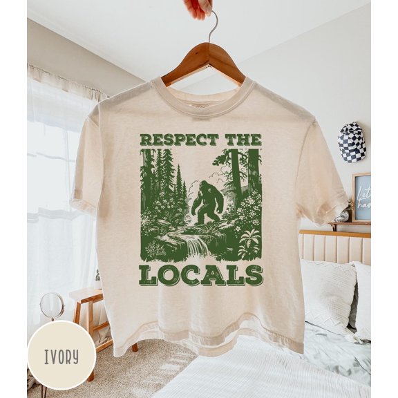Bigfoot Women's Boxy Tee, Respect the Locals, Oversized Fit, Vintage Nature Graphic T-Shirt, Environmental Cryptid Shirt, Comfort, F1760 Tshirt All Size S-5XL