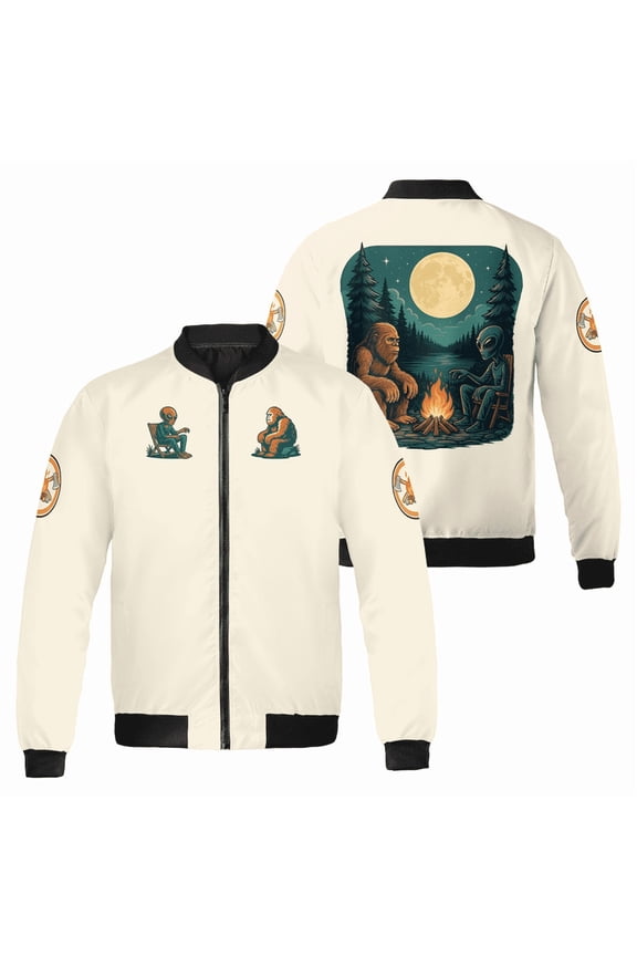 Bigfoot and Alien Campfire Bomber Jacket – Funny UFO Cryptid Night Forest Jacket for Men & Women