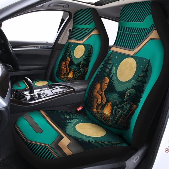 Bigfoot and Alien Campfire Car Seat Covers Funny Sasquatch UFO Night Forest Auto Seat Protectors, Moonlight Adventure Car Interior Decor