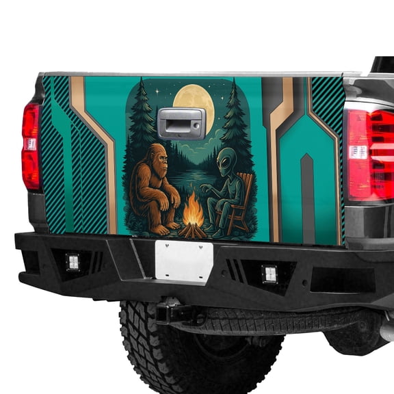 Bigfoot and Alien Campfire Tailgate Wrap – Funny Sasquatch UFO Forest Night Truck Tailgate Decal, Moonlight Camping Pickup Tailgate Graphic