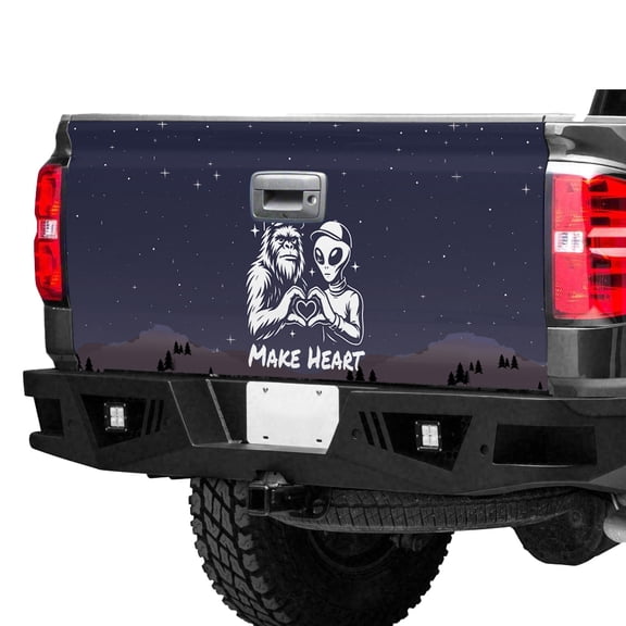 Bigfoot and Alien Make Heart Tailgate Wrap – Funny Sasquatch UFO Love Truck Tailgate Decal, Cute Paranormal Pickup Tailgate Graphic