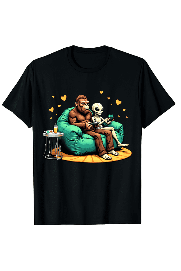 Bigfoot and Alien Video Game Graphic T-Shirt Adult Unisex Black Tee