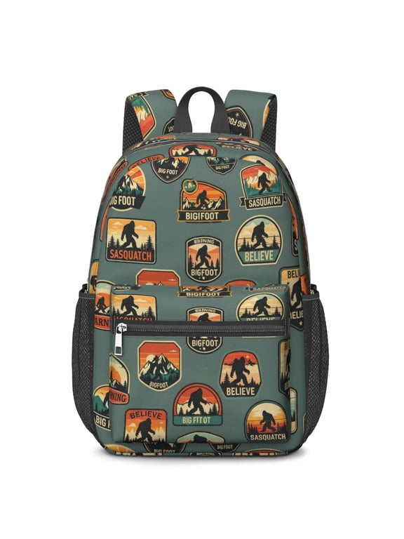 Bigfoot and Badge Blue Pattern 17" Waterproof Oxford School Backpacks for Teens, S-Shape Padded Straps, for School, Travel, Hiking, Camping